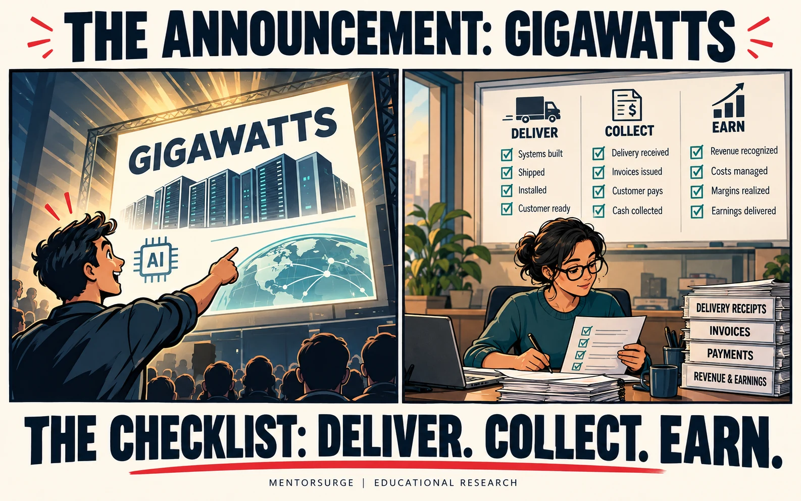 Original educational illustration. Announced AI capacity still needs to become delivered systems, collected cash and earnings. The checkmarks are illustrative, not a record of completed AMD customer milestones.