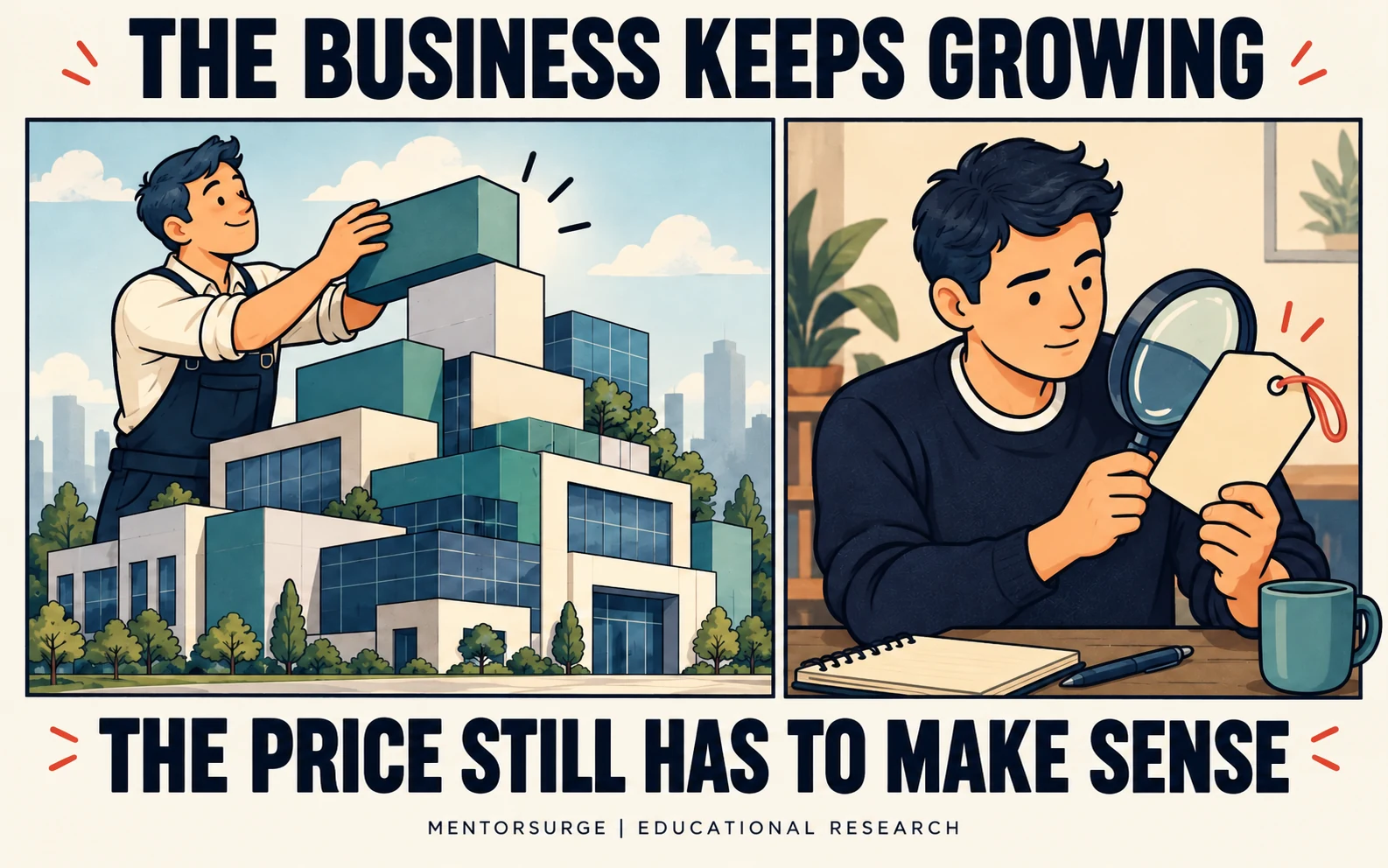 Original educational illustration. Business growth and the price paid both matter; this image contains no share-price forecast.