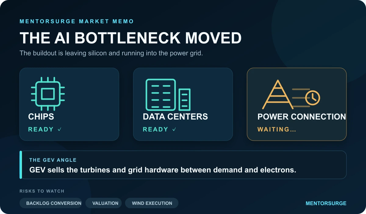 Original MentorSurge visual showing that the AI bottleneck has moved from chips to power connections