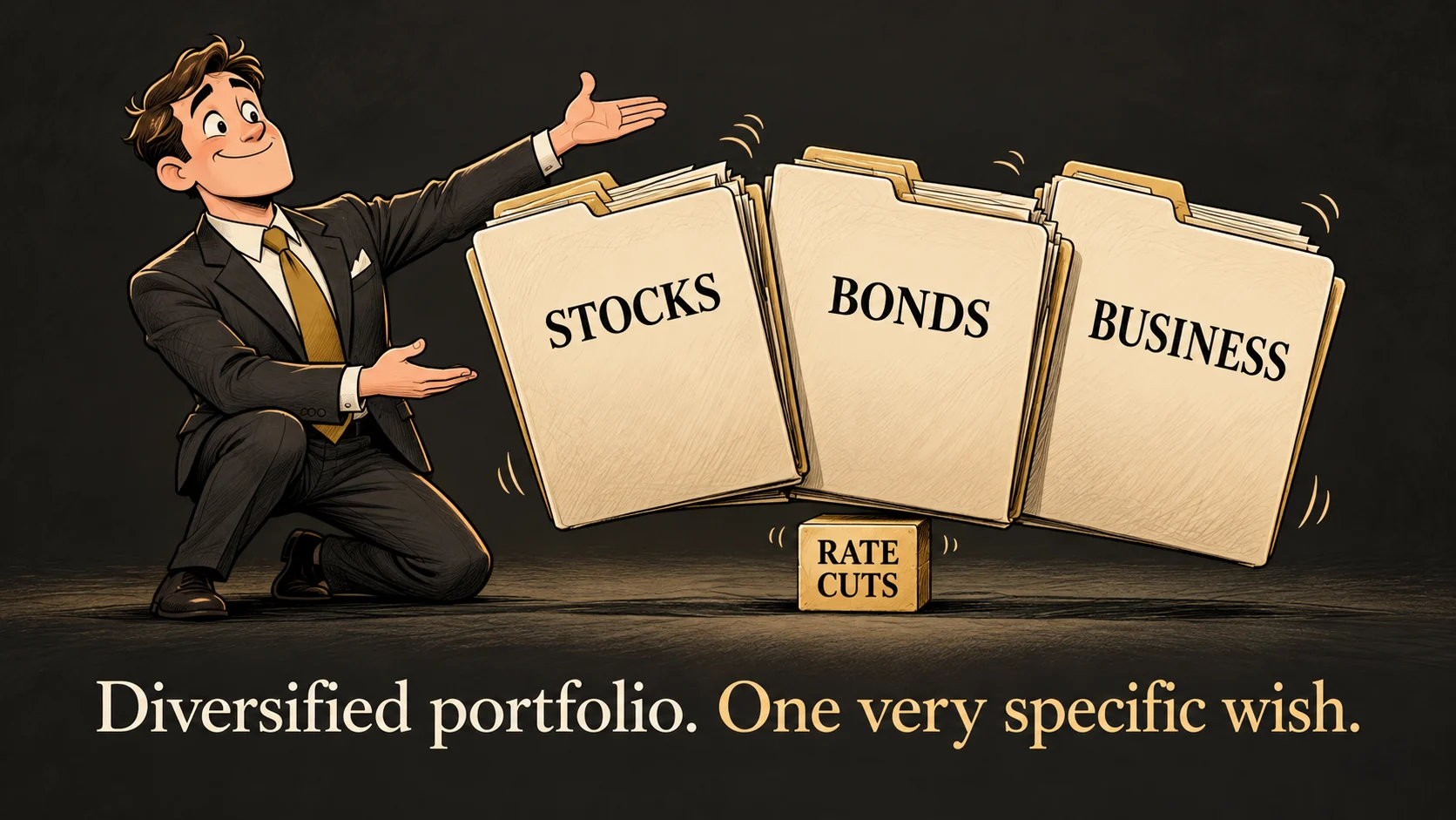 A cartoon investor presents stocks, bonds and business folders balanced on a small Rate Cuts block.