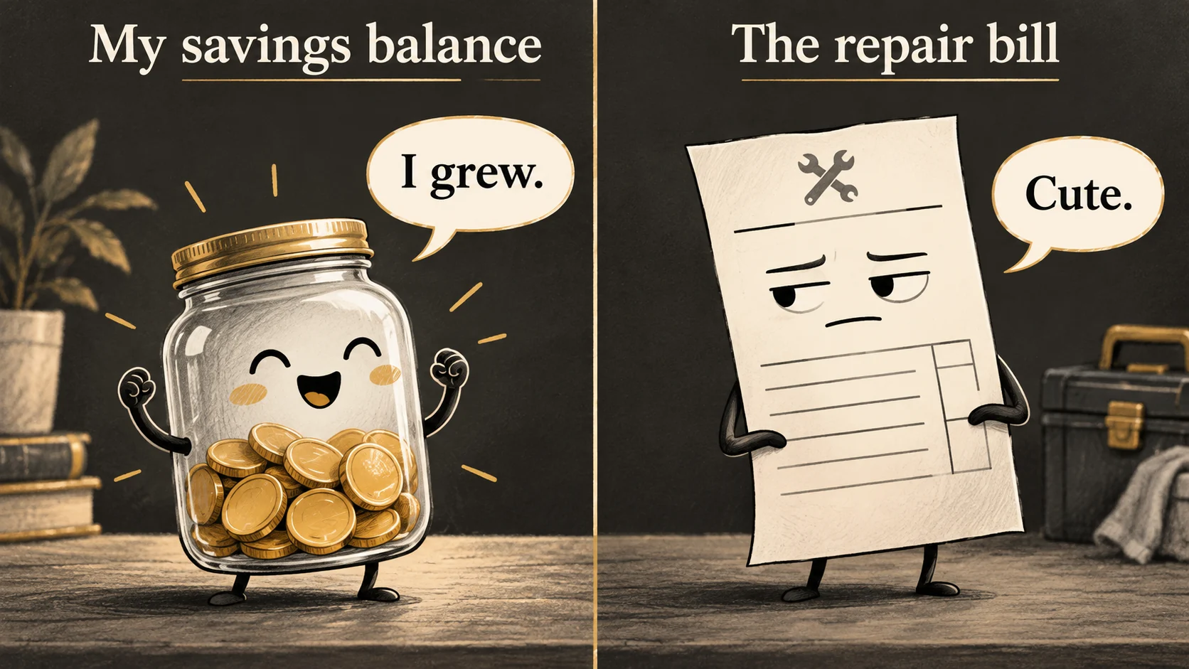 A savings jar says I grew while a repair invoice replies Cute, illustrating a hypothetical expense outpacing savings progress.