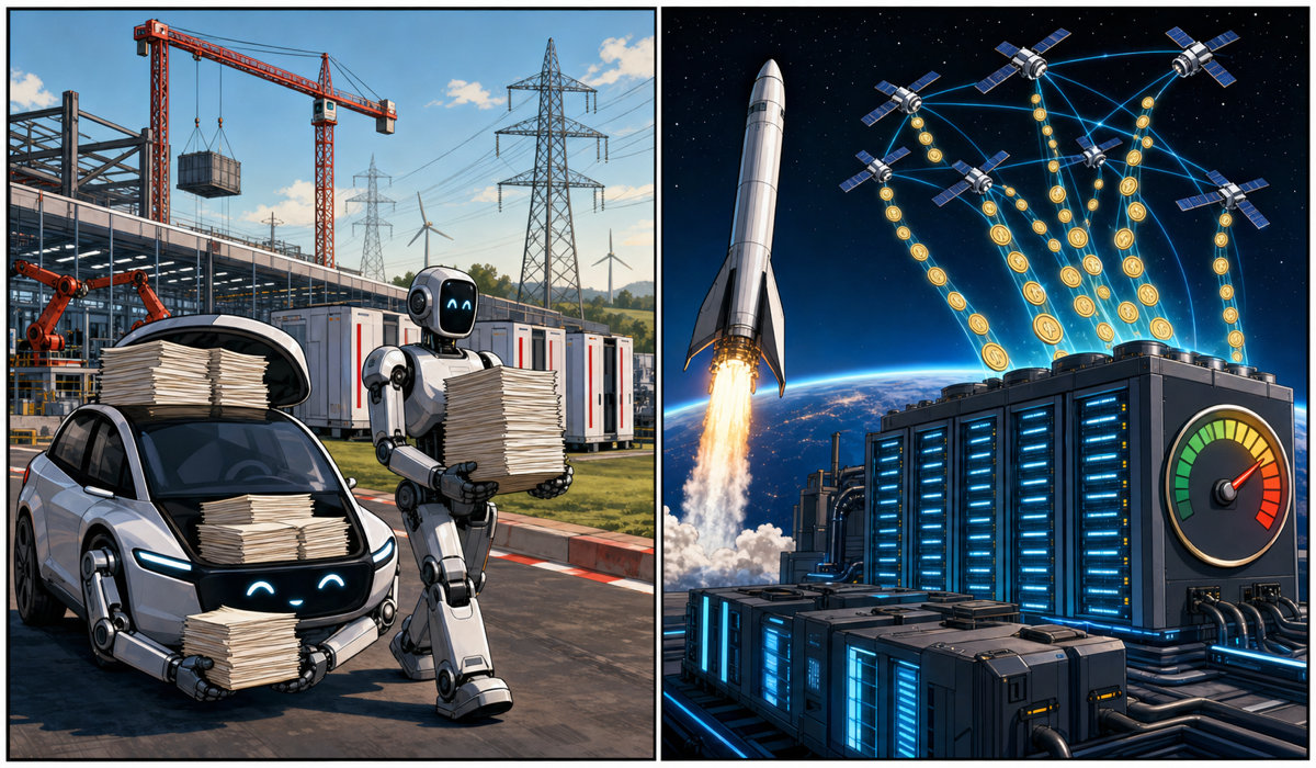 Original MentorSurge visual meme contrasting Tesla's factory spending with SpaceX using satellite cash flow to fund rockets and AI infrastructure