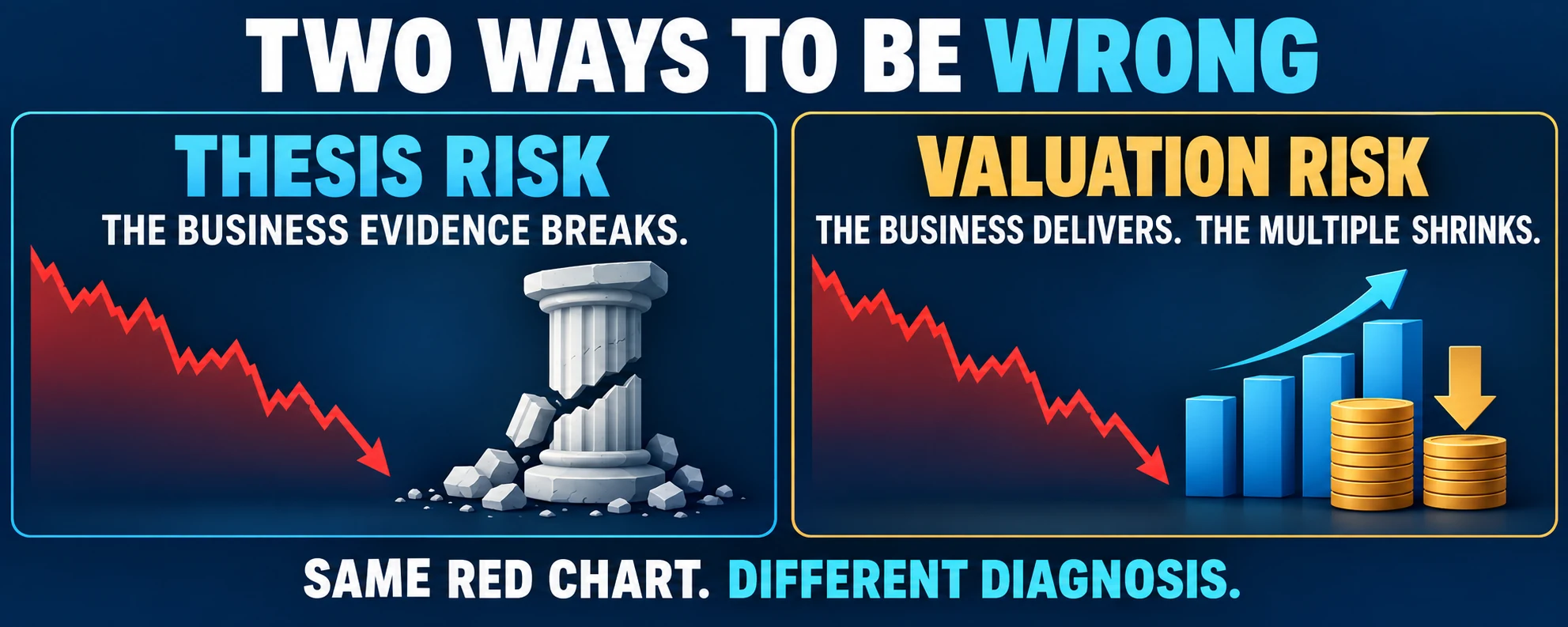 Comparison of thesis risk and valuation risk as two different causes behind a falling stock chart