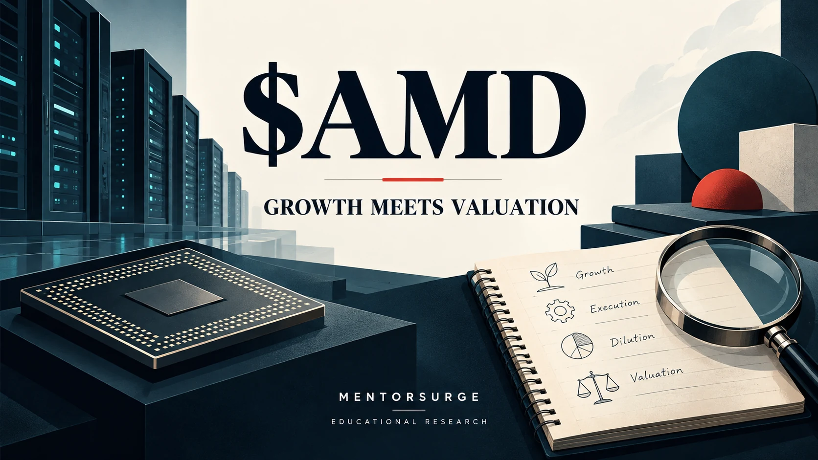 Editorial illustration of AMD processors and AI infrastructure alongside a valuation research framework.