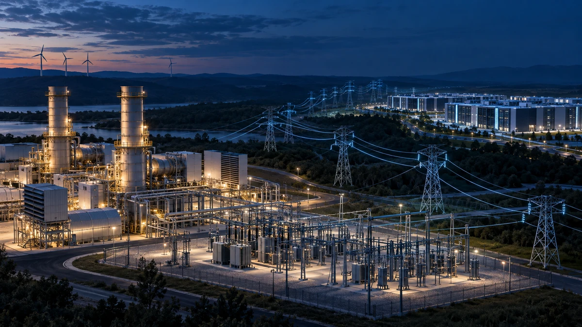 Editorial illustration of gas turbines powering a transmission corridor and AI data center campus
