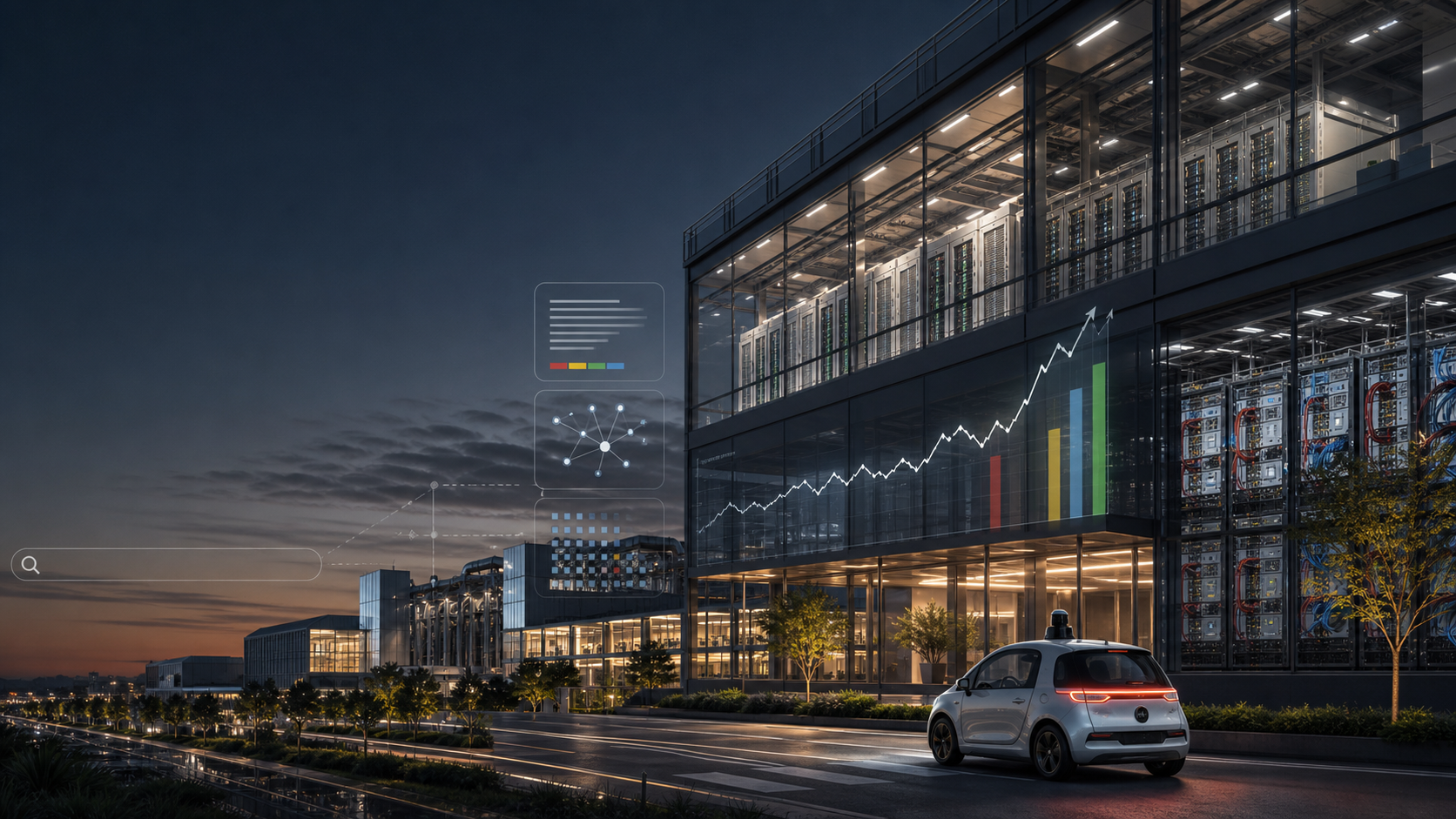 Original MentorSurge editorial visual showing Alphabet AI data centers, cloud infrastructure, a rising market chart, search interfaces, and an autonomous vehicle.