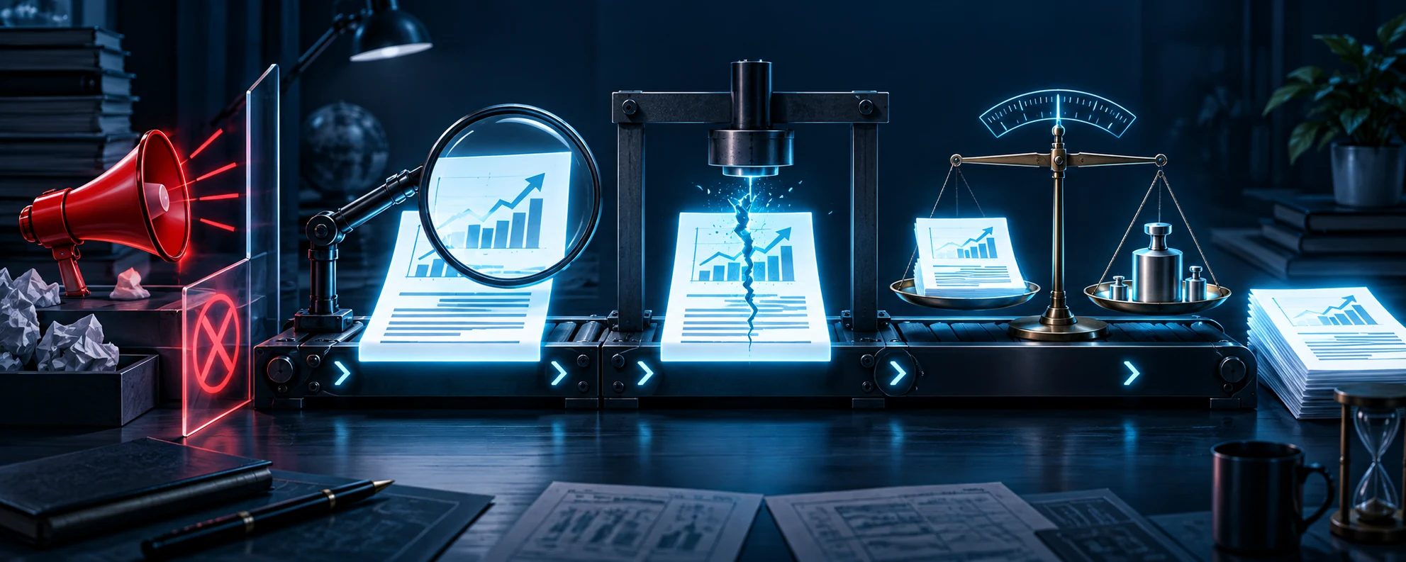 A bullish research document moving through evidence review, a falsification stress test, and position sizing