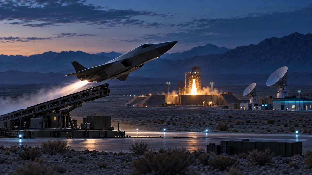 Editorial illustration of an uncrewed jet, rocket test plume, and satellite ground station at a desert test range