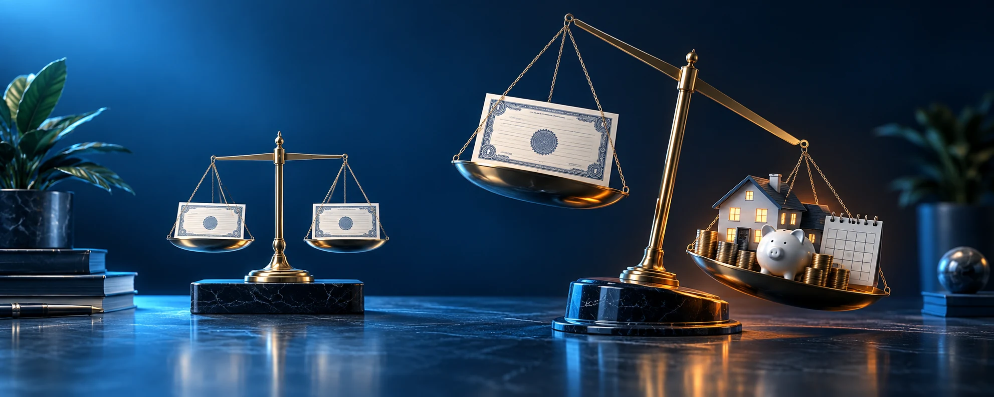 Two balance scales showing how a small stock position stays manageable while an oversized position outweighs household finances