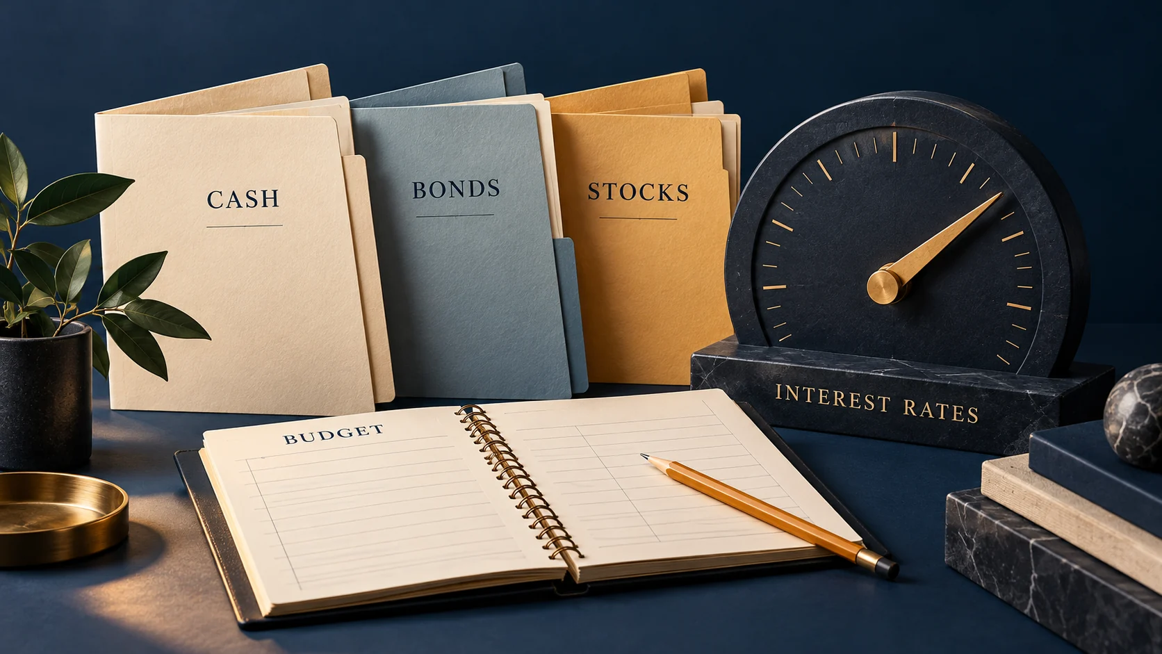 Cash, bond, and stock folders beside an interest-rate dial, illustrating a portfolio review after September's inflation reports.