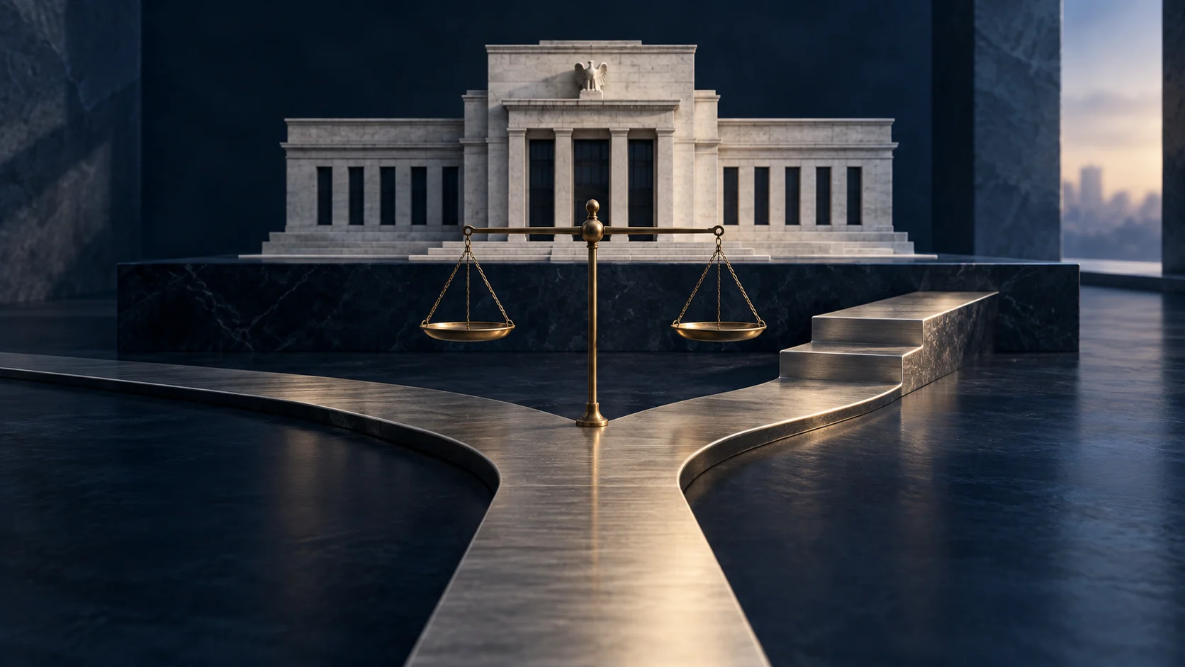 Conceptual central bank with a balanced brass scale and two metal paths, one level and one rising, representing September rate uncertainty.