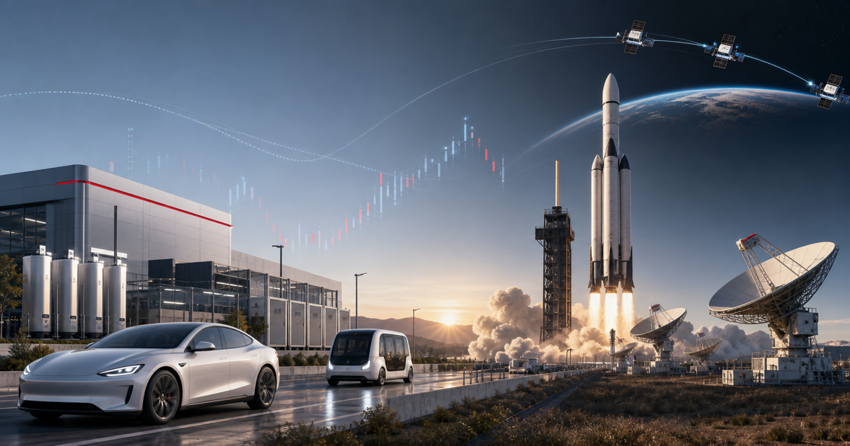 Original MentorSurge editorial visual showing electric vehicles, battery storage, a reusable rocket launch, ground antennas, and a satellite network.