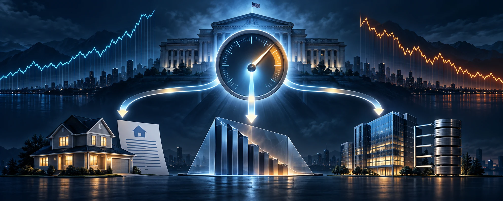 A central Treasury yield gauge transmitting pressure to mortgages, stock valuations, and corporate borrowing